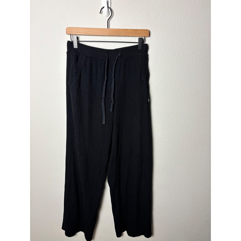 Alo Yoga Muse Wide Leg Pants Black Ribbed Knit Drawstring Lounge Size M